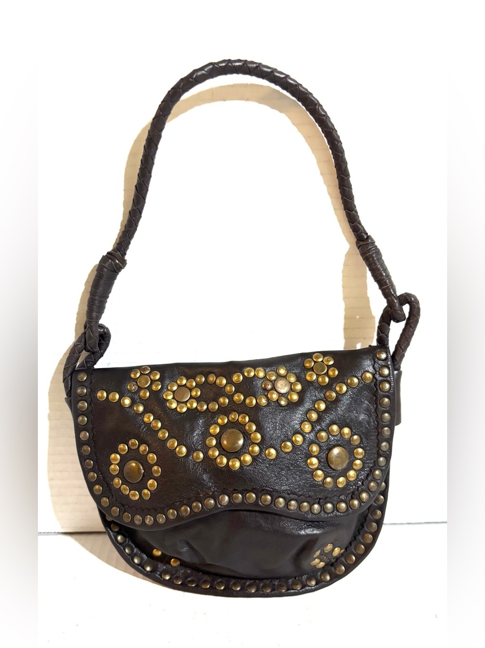 Dark Brown Studded Leather Shoulder Bag